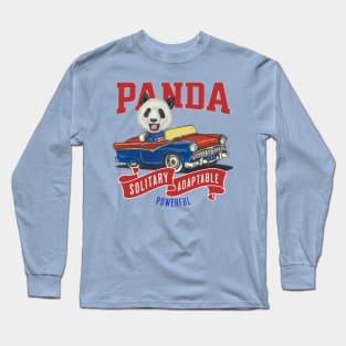 Funny and Cute Panda driving a vintage classic car to a parade with red white and blue flags Long Sleeve T-Shirt